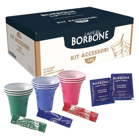 Caffè Borbone Kit Accessori Caffè Con 150 Bustine Di Zucchero + 150 Bicchierini + 150 Palettine -