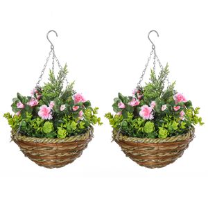 Outsunny Set di 2 Piante Finte Lisianthus da Appendere per Interno ed Esterno con Vaso in Vimini e Catenelle, Ф25x34cm, Rosa e Verde