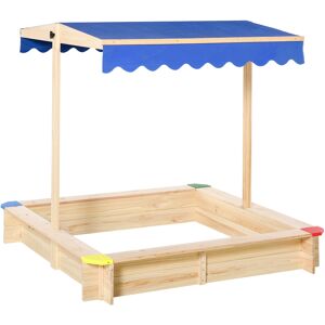 Outsunny Sabbiera per Bambini in Legno con Panca e Tettuccio Parasole Regolabile, 120x120x120cm, Colore Legno e Blu