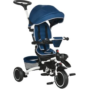 Homcom Triciclo per Bambini 12-50 Mesi con Maniglia di Spinta, Tettuccio Regolabile, Poggiapiedi e Accessori Inclusi, 110x58x100 cm, Blu e Bianco