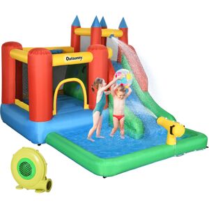 Outsunny Gioco Gonfiabile per Bambini 3-8 Anni con Scivolo, Trampolino, Piscina e Pistola ad Acqua, max 4 Bambini, 330x245x215cm