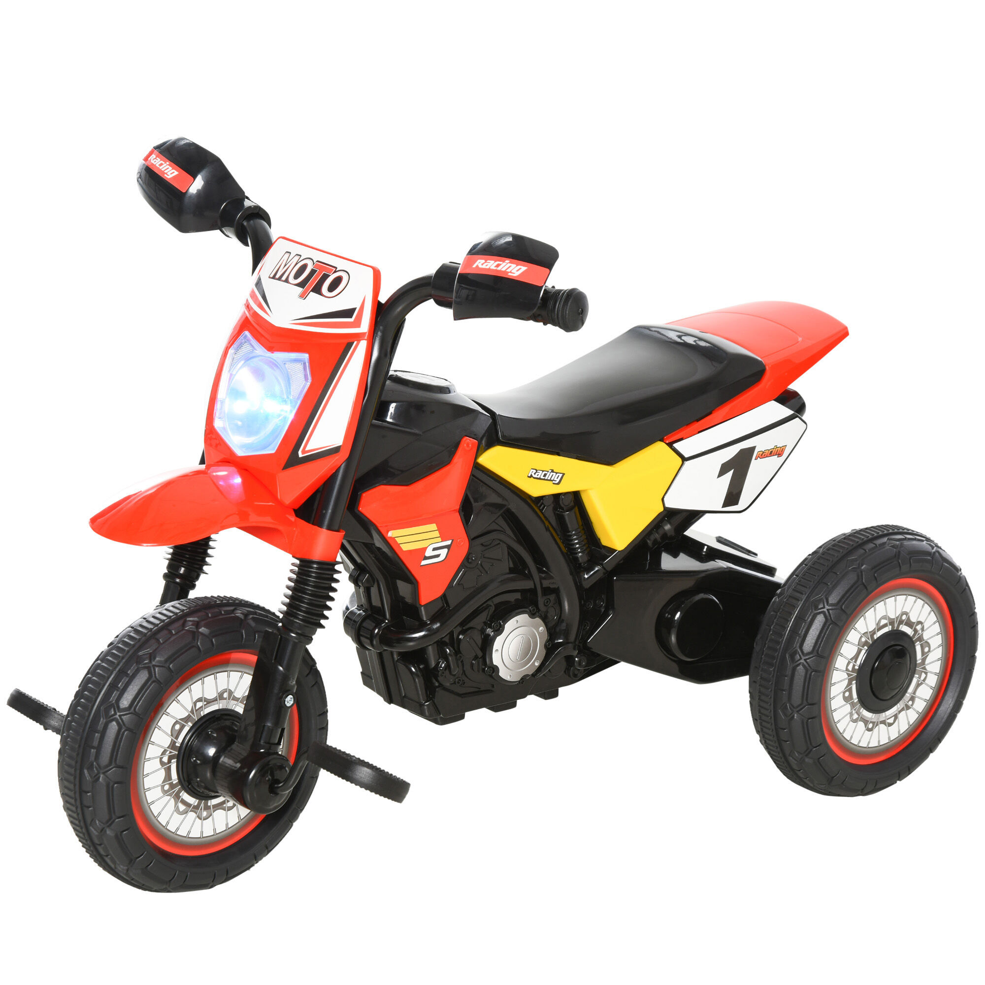 homcom triciclo per bambini stile moto a pedali con luci e suoni, 3 ruote larghe, età 18-36 mesi, 71x40x51cm, rosso