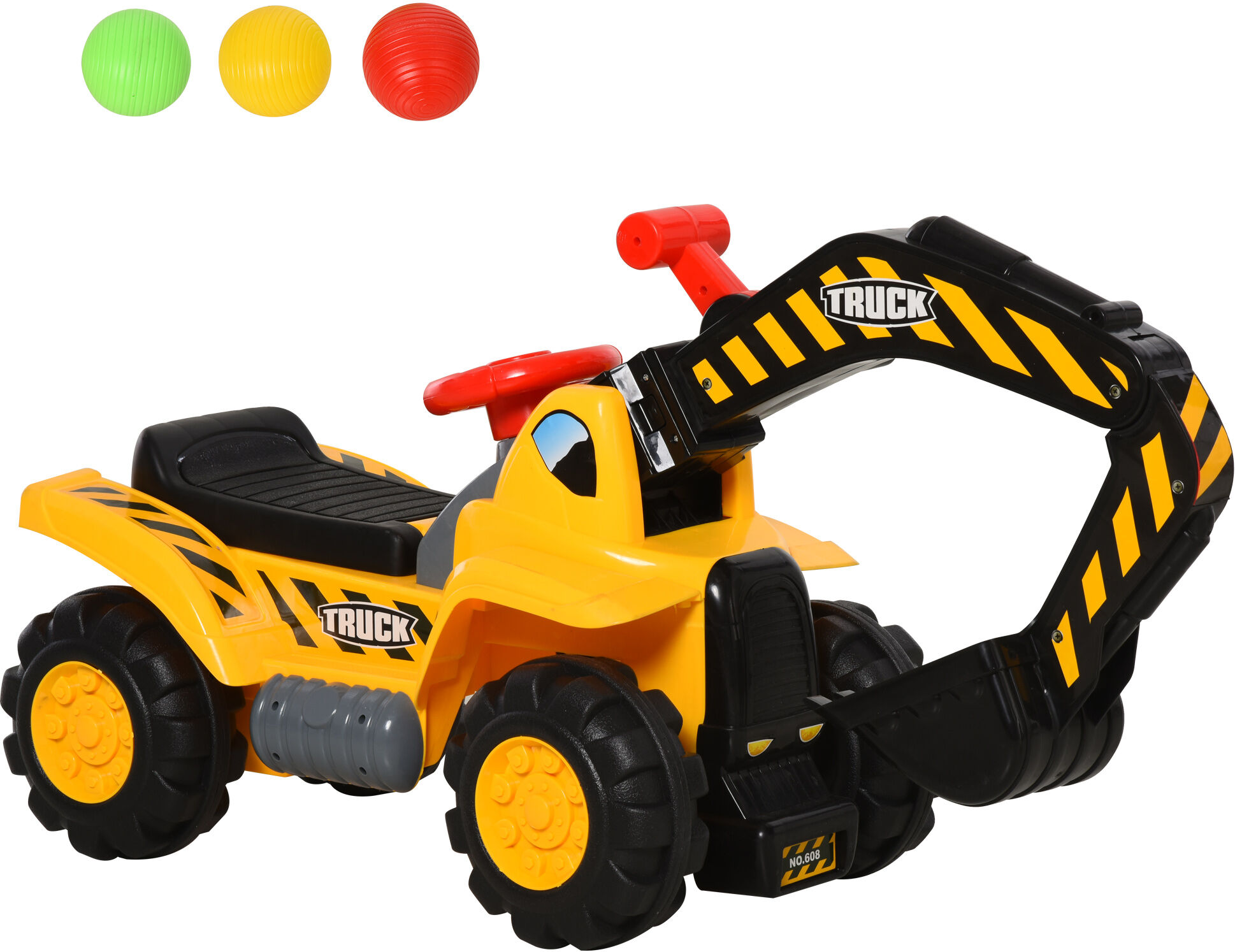 Homcom Escavatore Giocattolo per Bambini (max. 30 kg) con Braccio Mobile, Canestro e Palline Colorate, Giallo e Nero