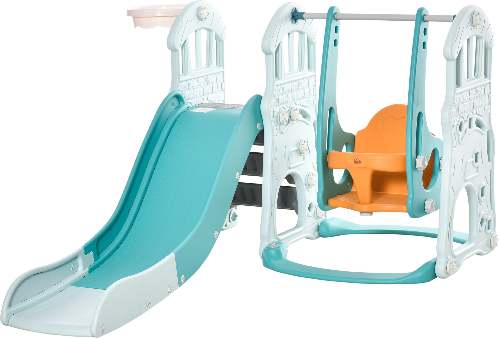 Homcom Scivolo per Bambini con Altalena Regolabile, Canestro e Palle per Cameretta e Giardino, 149x186x98cm, Blu e Arancione