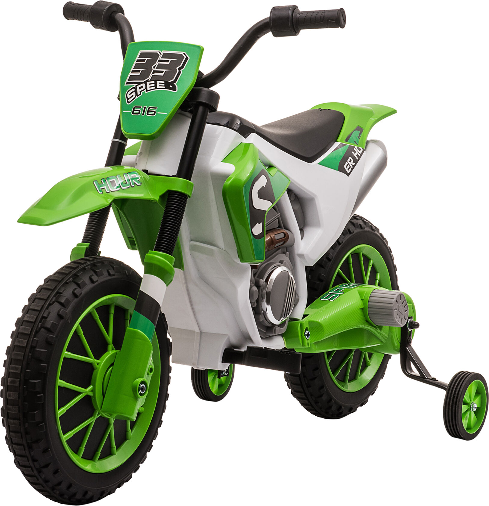 Homcom Moto da Cross Elettrica per Bambini 3-5 Anni, Batteria 12V Ricaricabile e Rotelline Rimovibili, 106.5x51.5x68cm, Verde