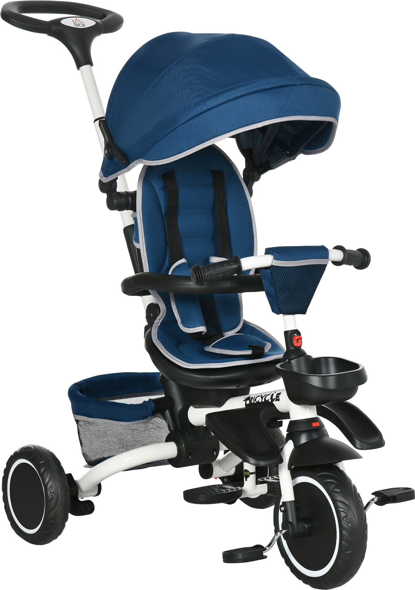 Homcom Triciclo per Bambini 12-50 Mesi con Maniglia di Spinta, Tettuccio Regolabile, Poggiapiedi e Accessori Inclusi, 110x58x100 cm, Blu e Bianco