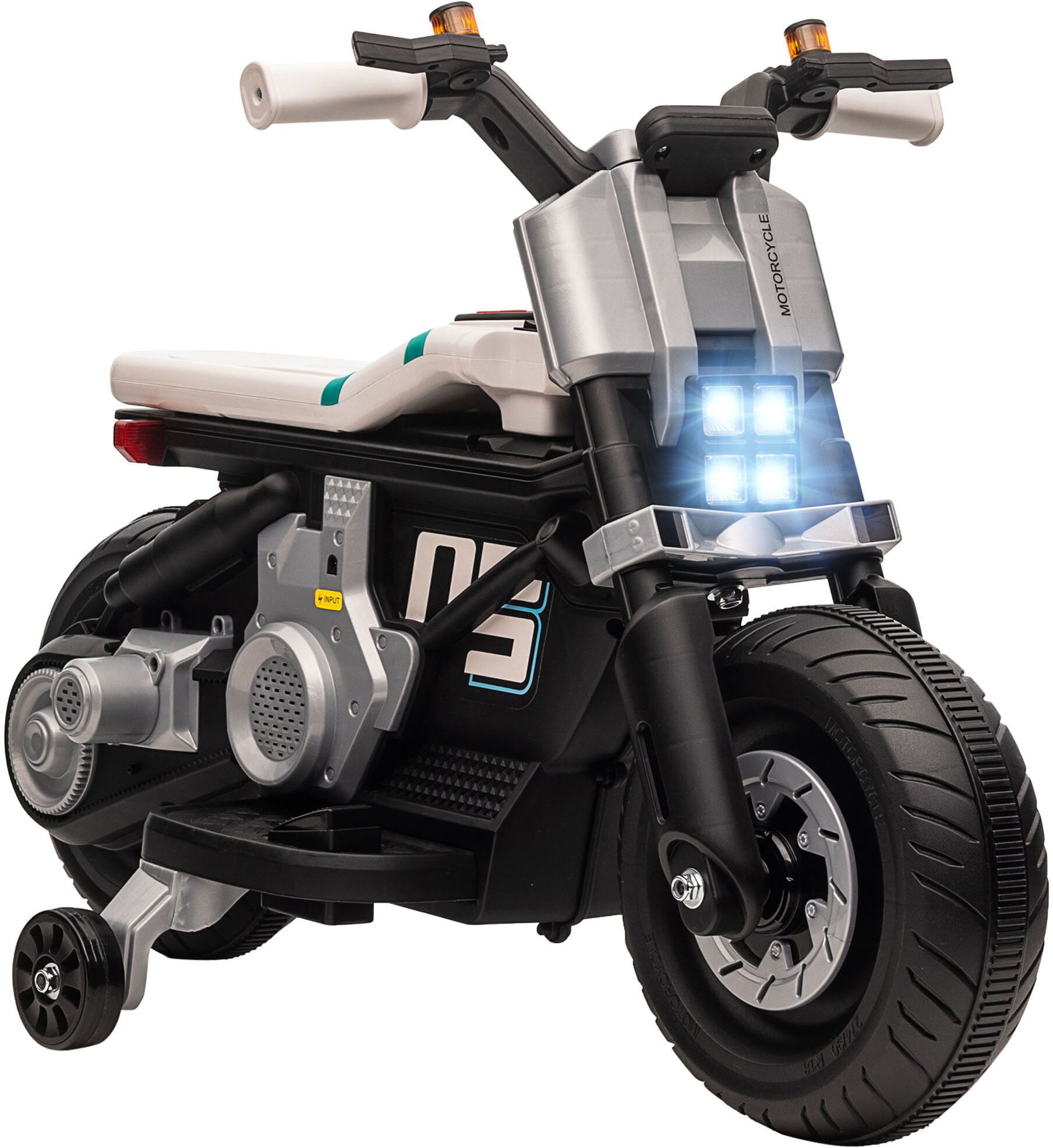 Homcom Moto Elettrica per Bambini 3-5 Anni in PP e Metallo con Rotelle, Clacson e Musica, 86x44x58 cm, Bianca e Nera