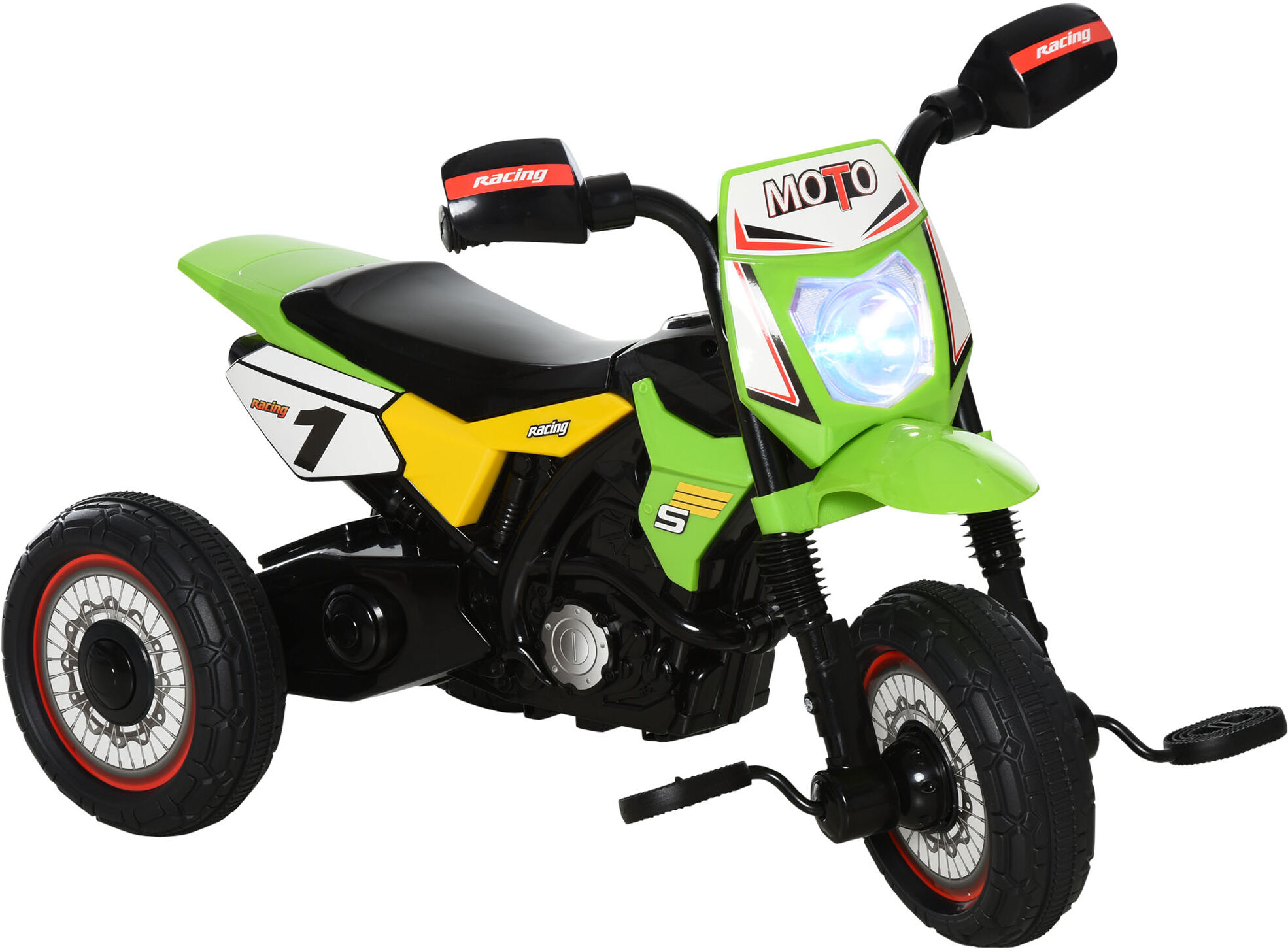 Homcom Triciclo per Bambini Stile Moto a Pedali con Luci e Suoni, 3 Ruote Larghe, Età 18-36 Mesi, 71x40x51cm, Verde