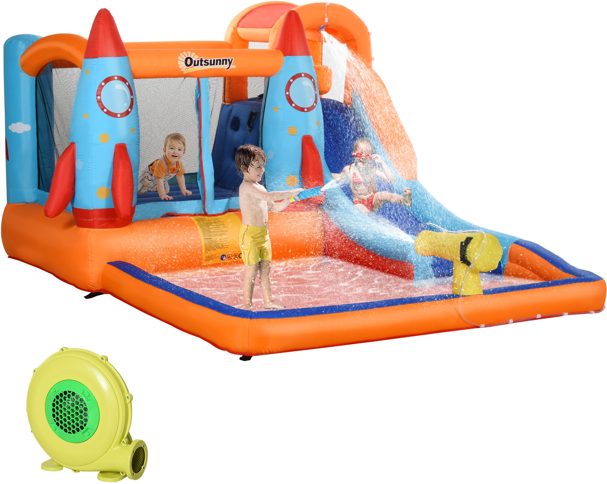 Outsunny Castello Gonfiabile per Bambini Piscina con Scivolo e Trampolino, Pompa Elettrica, 350x250x185cm, Multicolore