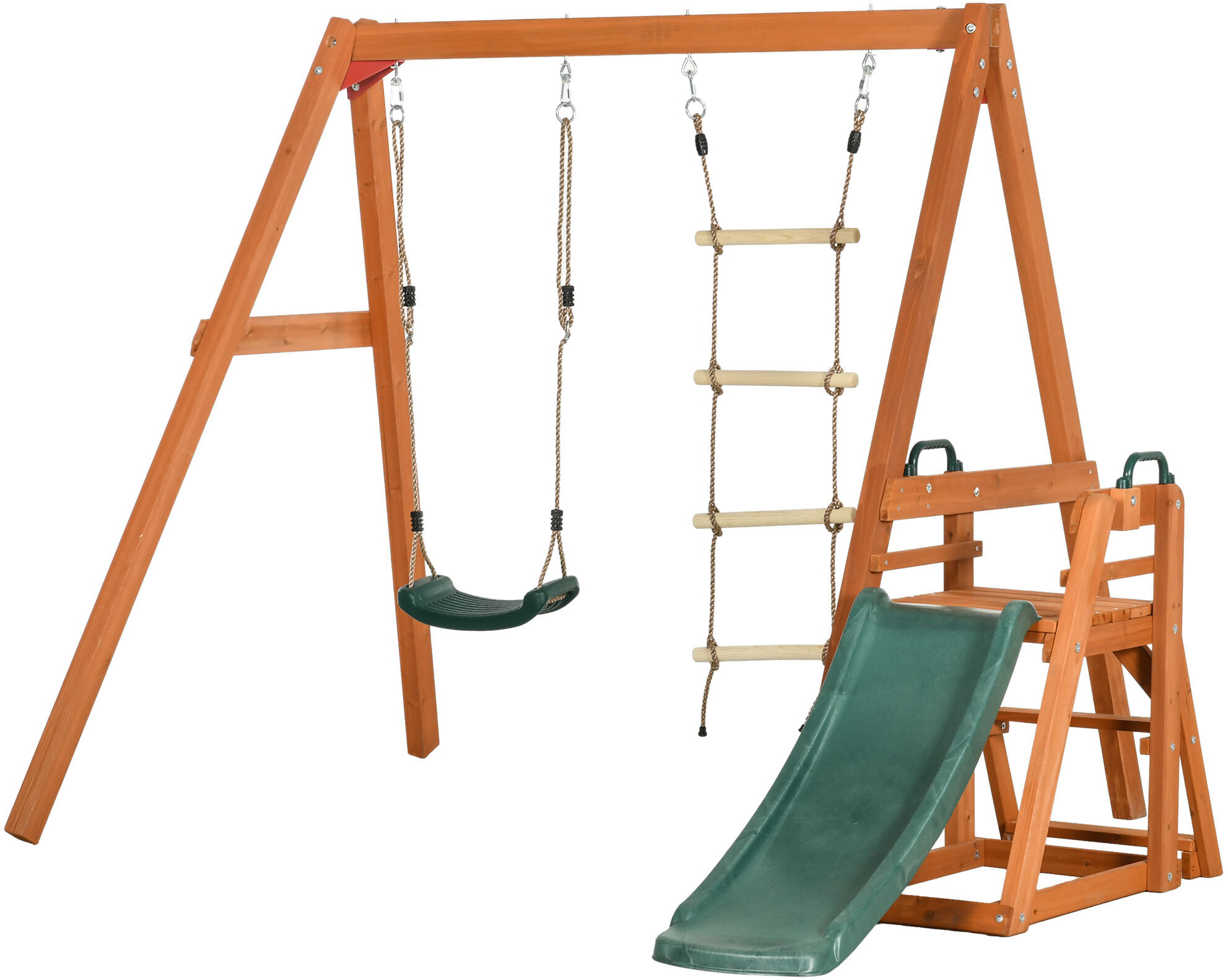 Outsunny Set con Scivolo, Altalena da Giardino e Scaletta a Corda in Legno per Bambini Età 3-8 Anni