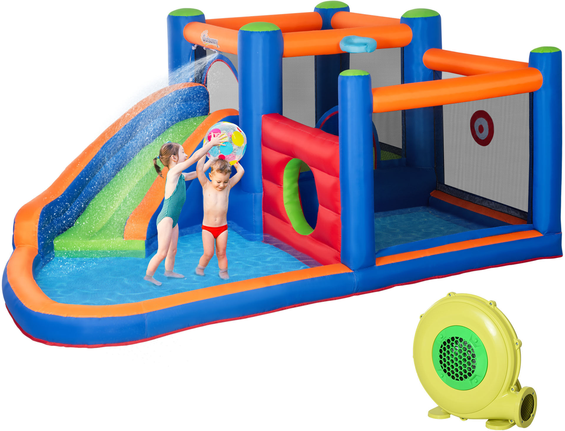 Outsunny Castello Gonfiabile per Bambini 3-8 Anni con Scivolo, Trampolino e Piscina, 380x340x170cm