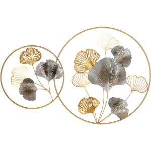 Homcom Decorazione Murale 3D in Metallo, Wall Art Dorata con Foglie di Ginkgo in due Cornici Rotonde, 138x70 cm, Oro e Argento