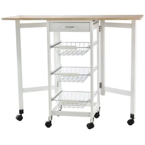 Homcom Carrello da Cucina con 3 Cestini, Cassetto e Ribalte, 6 Ruote Girevoli, in MDF e Metallo, 37x37x77.5cm, Bianco e Legno