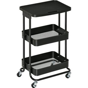 Homcom Carrello Portavivande a 3 Livelli con Piano d'Appoggio e Ruote Girevoli, in Acciaio e Plastica PP, 46x34.5x76.5cm, Nero