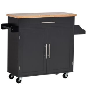 Homcom Carrello da Cucina con Cassetto, Portaspezie e Armadietto, 4 Ruote e Piano di Lavoro in Legno, 109x40x89cm, Nero