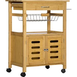 Homcom Carrello da Cucina con Cassetto, Armadietto e Cestino Estraibile in Legno con Ruote Girevoli, 66x36x79cm