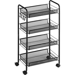 Homcom Carrello da Cucina a 4 Ripiani Rimovibili con 4 Ganci e Ruote Scorrevoli, in Acciaio e Plastica PP, 45x26.5x84 cm, Nero