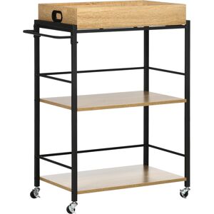 Homcom Carrello da Cucina a 3 Ripiani con Vassoio Rimovibile e Ruote Girevoli, Carrellino per Cucina in Stile Industriale 72x40x86cm, Legno e Nero