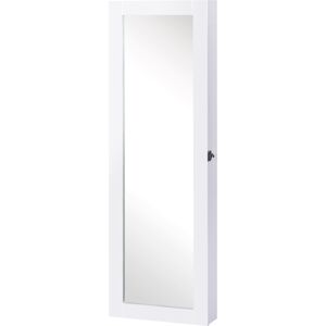 Homcom Specchiera Armadio Portagioielli da Parete con Specchio in Legno MDF con Multiscompartimenti con Ganci Bianco, 37x9.5x112cm