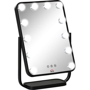 Homcom Specchio per Trucco Illuminato Stile Hollywood Inclinabile, Specchio da Tavolo con 12 Luci LED Luminosità Regolabile, Nero