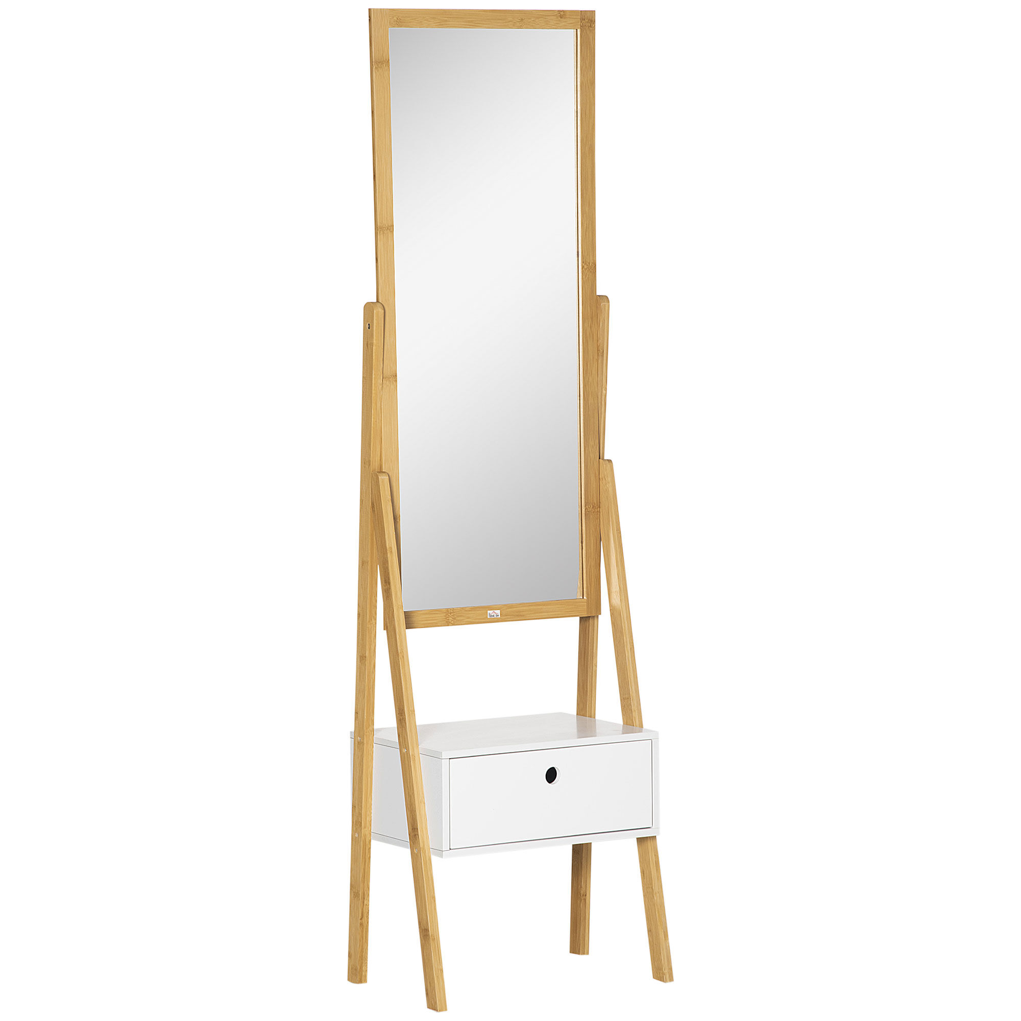 Homcom Specchio da Terra con Cassetto, in MDF e Bambù, 45x30x160 cm, Bianco e Color Legno
