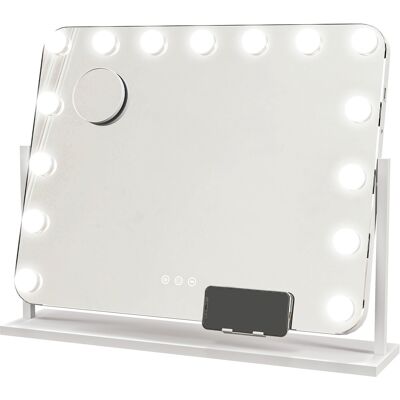 Homcom Specchio da Trucco con 14 Luci LED Regolabili e Ricarica USB, in Vetro e Metallo, 62.5x14x49.5 cm, Bianco Aosom Italy Homcom Specchio da Trucco con 14 Luci LED Regolabili e Ricarica USB, in Vetro e Metallo, 62.5x14x49.5 cm, Bianco Aosom Italy