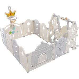 Gl Store Box per Bambini 14 Pezzi, Rimovibile, Pieghevole, Parco Giochi in Plastica con Cancello di Sicurezza, Cestino da Basket e Altalena, Grigio bianco antico