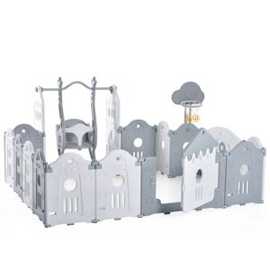 Gl Store Box per Bambini 160x160x77cm, 14 Pannelli, Cancello di Sicurezza in Plastica con Porta & Pannello Giocattoli & Cestino da Basket & Altalena, Grigio