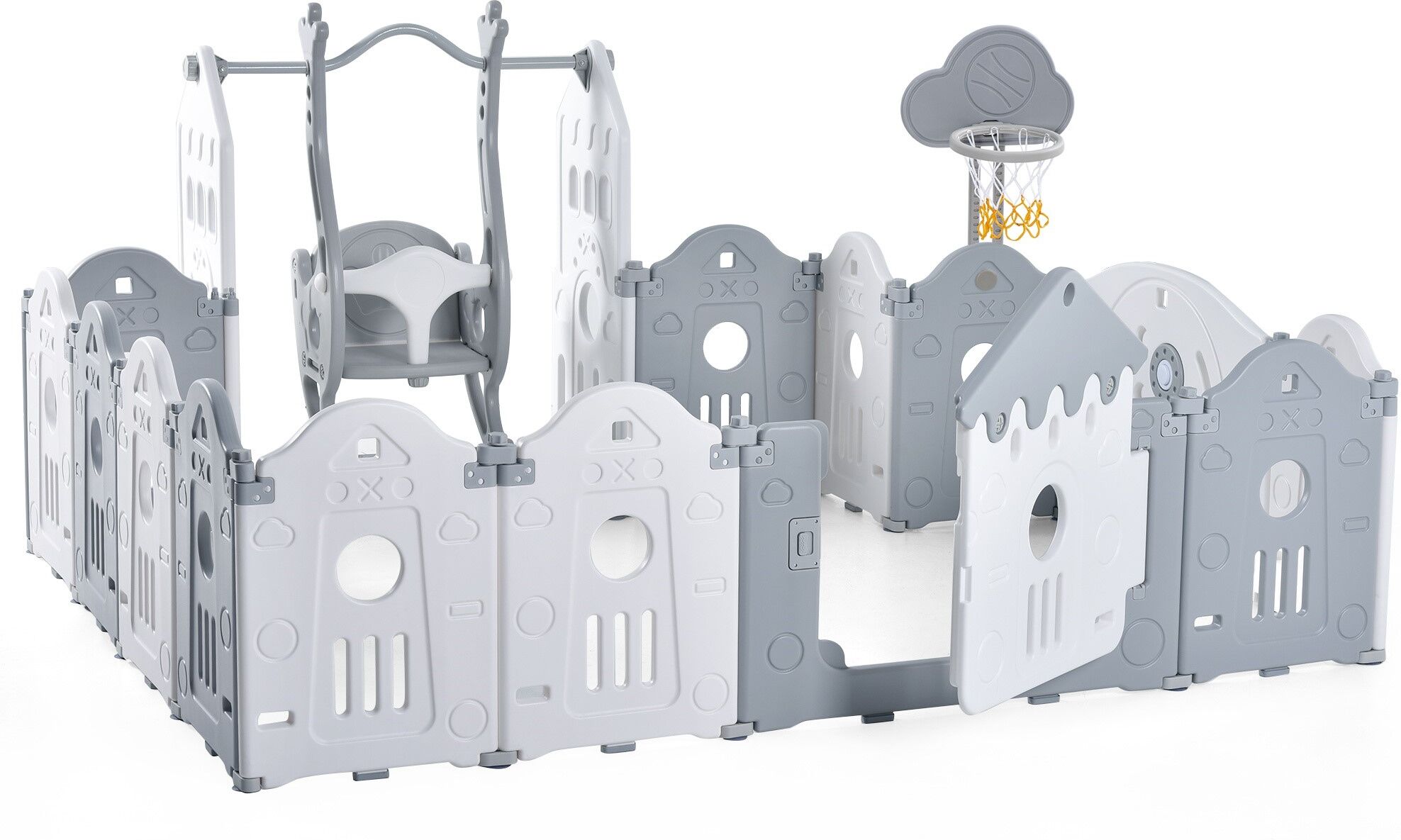 Gl Store Box per Bambini 160x160x77cm, 14 Pannelli, Cancello di Sicurezza in Plastica con Porta & Pannello Giocattoli & Cestino da Basket & Altalena, Grigio