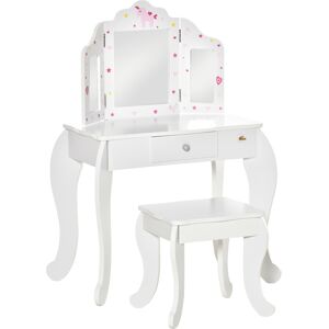 Homcom Toeletta per Bambini con Sgabello in Legno, Tavolo Trucco con Triplo Specchio e Cassetto, 63x40x85.5cm, Bianco