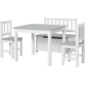 Homcom Set Tavolo per Bambini con 2 Sedie e Cassapanca in Legno per Cameretta, Bianco e Grigio