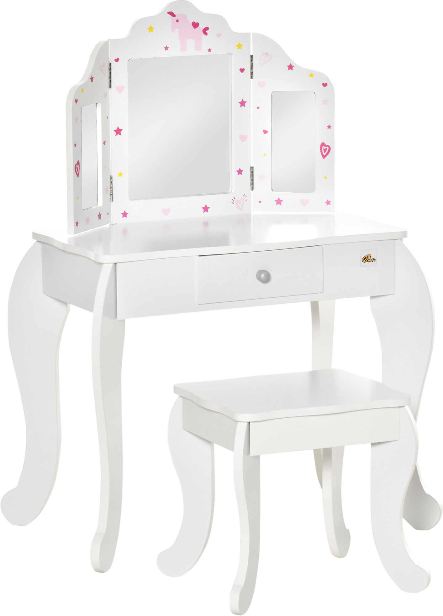 Homcom Toeletta per Bambini con Sgabello in Legno, Tavolo Trucco con Triplo Specchio e Cassetto, 63x40x85.5cm, Bianco