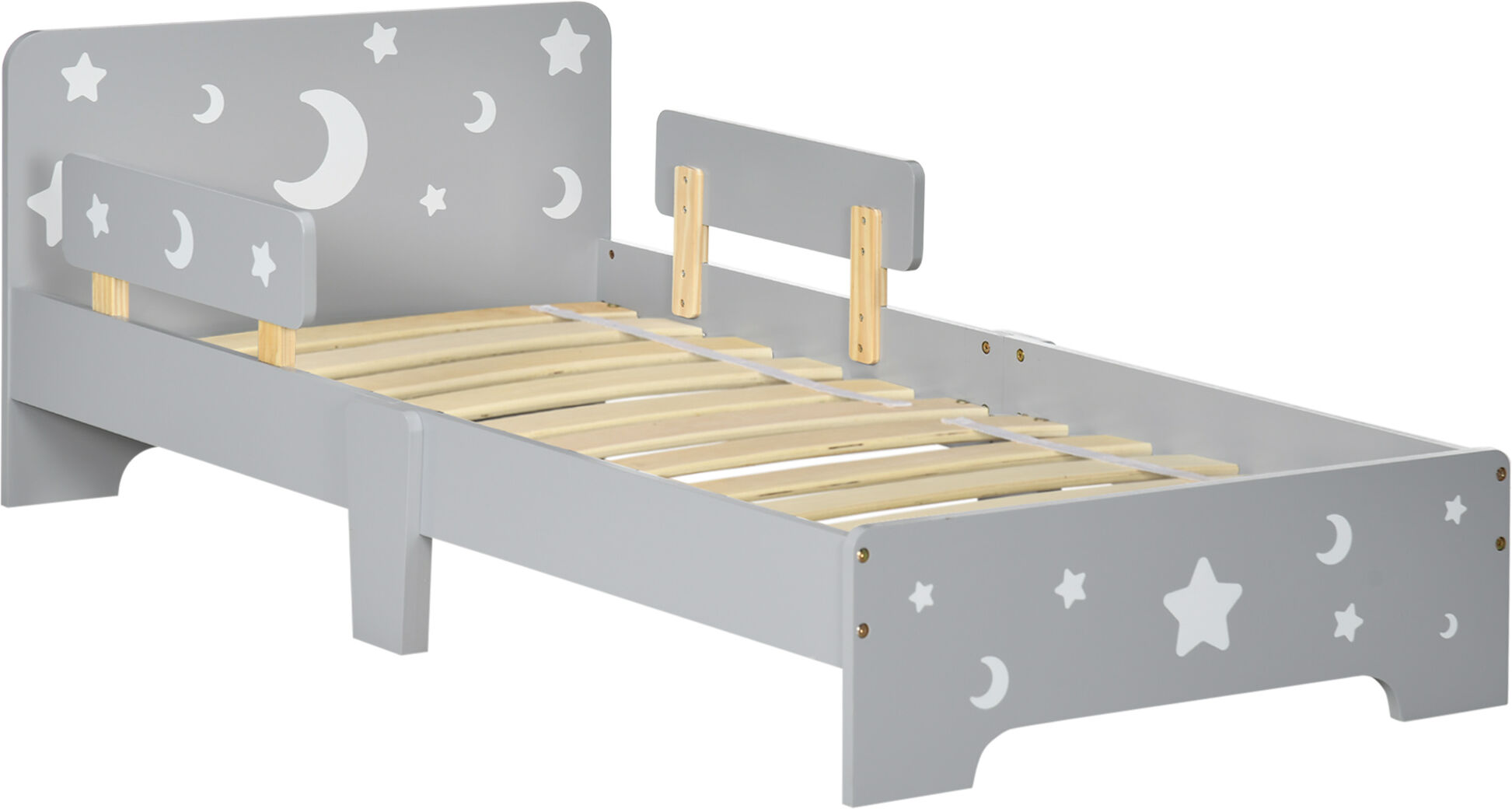 Zonekiz Letto per Bambini 3-6 Anni con Motivi a Stelle e Luna in Pannelli di MDF e Truciolato, 143x76x49 cm, Grigio e color Legno