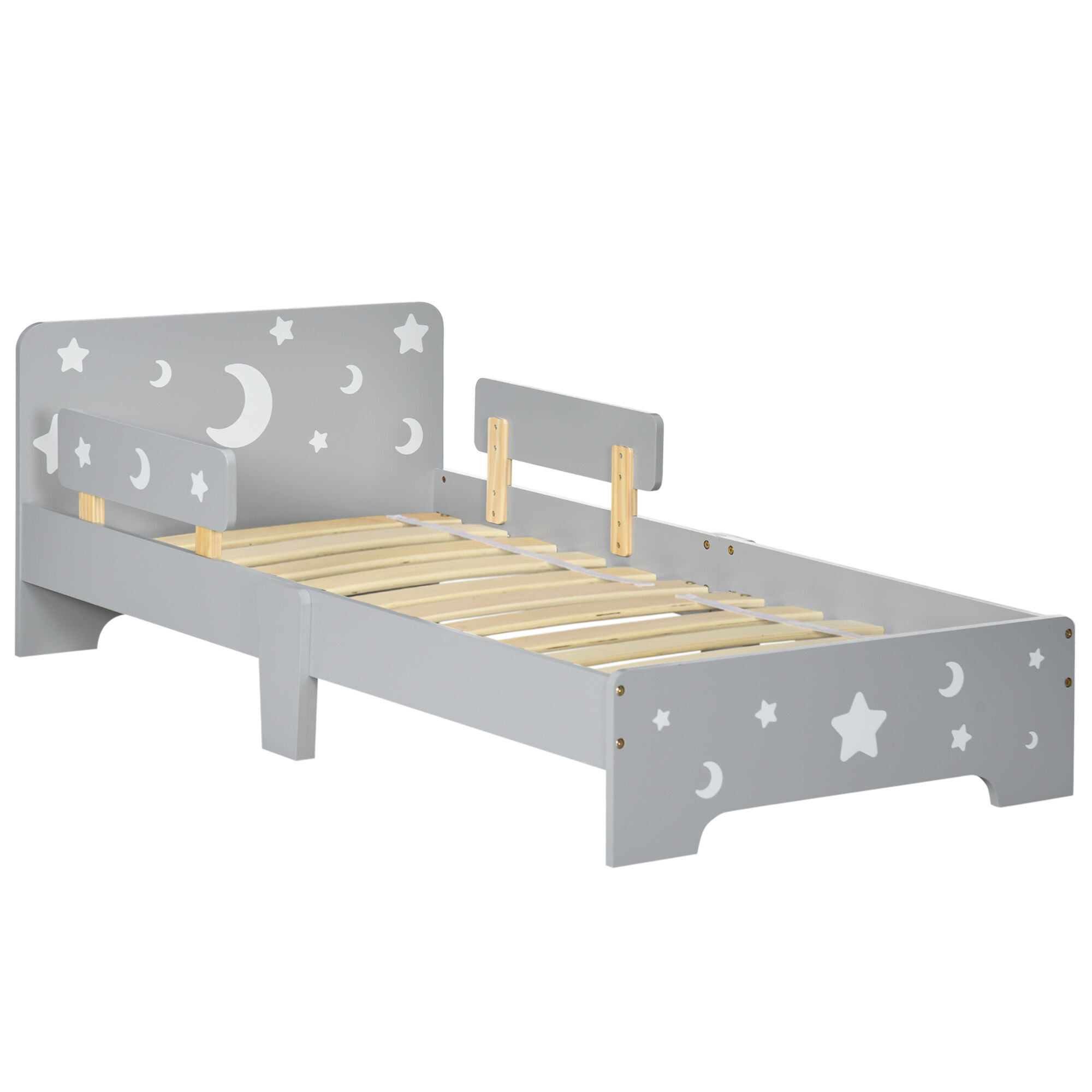 Zonekiz Letto per Bambini 3-6 Anni con Motivi a Stelle e Luna in Pannelli di MDF e Truciolato, 143x76x49 cm, Grigio e color Legno