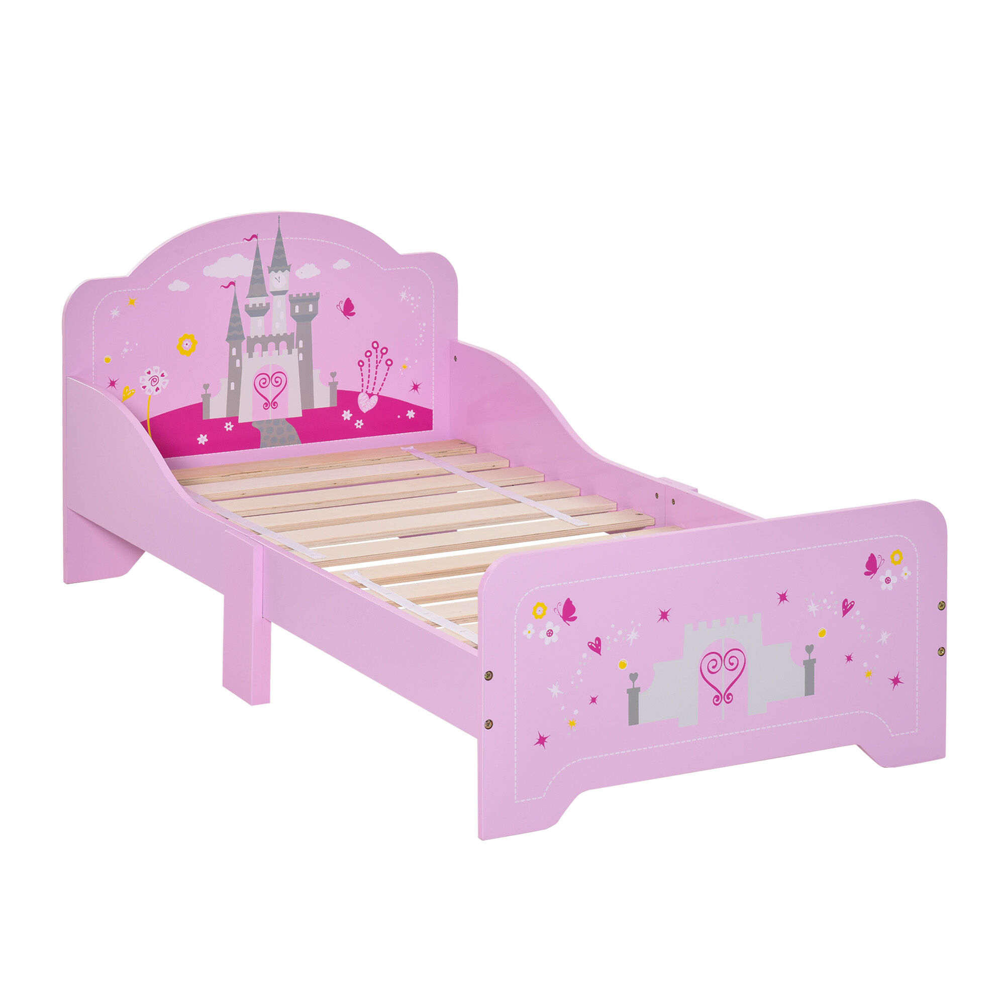 Homcom Letto per Bambini con Spondine di Sicurezza in Legno per Cameretta, Lettino per Bimbi da 3-6 Anni, 143x73x60cm, Rosa