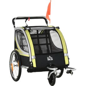 Homcom Rimorchio per Bicicletta per 2 Bambini 2 in 1, Passeggino con Cinture di Sicurezza, Catarifrangenti e Bandierina, Giallo