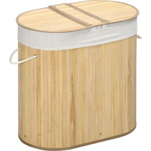 Homcom Cesto Portabiancheria in Bambù a 2 Sezioni, 2 Coperchi e Capacità 100L con Sacca Interna Removibile, 62.5x37x60.5 cm, Bianco e Color Legno