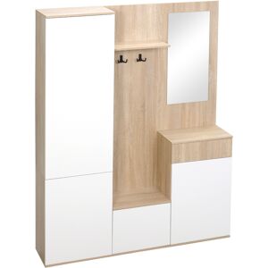 Homcom Mobile da Ingresso 4 in 1 in Truciolato con Specchio, Ganci e Ripiani Regolabili Interni, 145x29x184 cm, Bianco e color Legno