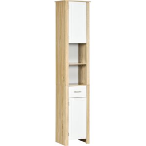 Kleankin Mobile Bagno Alto in Truciolato con un Cassetto, 2 Armadietti e 2 Ripiani Aperti Regolabili, 37x30x184 cm, Bianco e color Legno