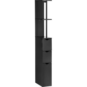 Homcom Mobile Colonna Salvaspazio in Legno con Ripiani, Armadietto e Cassetti, Nero, 15x33x136cm