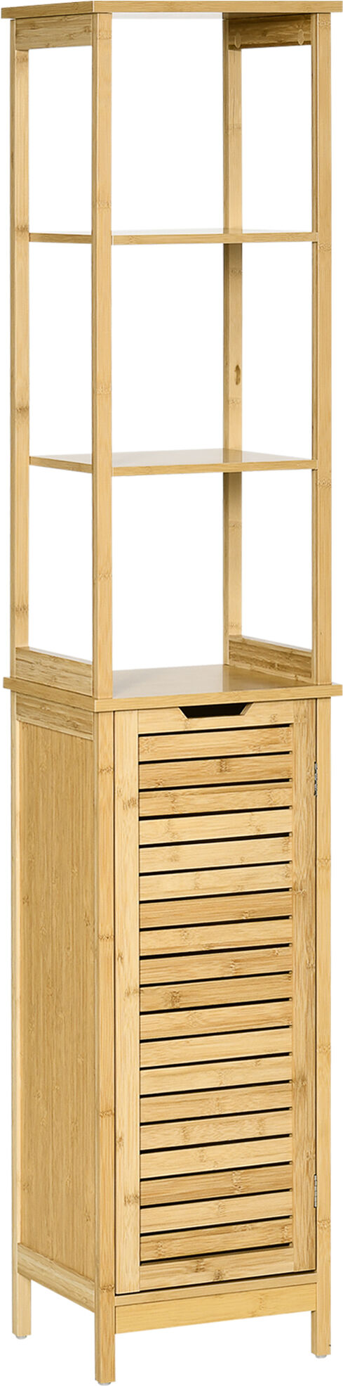 Kleankin Mobile Bagno con 3 Ripiani e 1 Credenza, Design a Doghe in MDF e Bambù, 34x30x173cm, Color Naturale