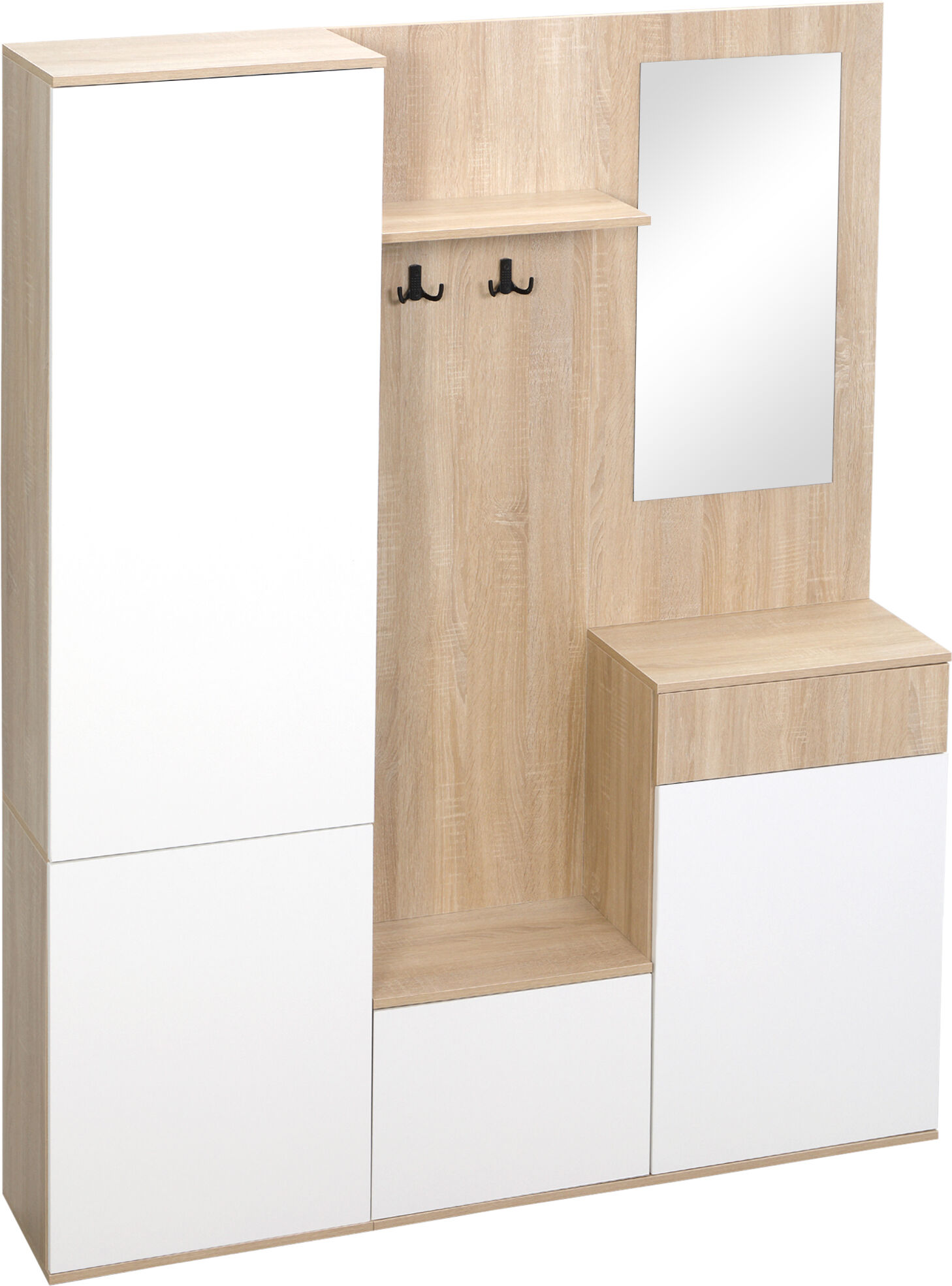 Homcom Mobile da Ingresso 4 in 1 in Truciolato con Specchio, Ganci e Ripiani Regolabili Interni, 145x29x184 cm, Bianco e color Legno