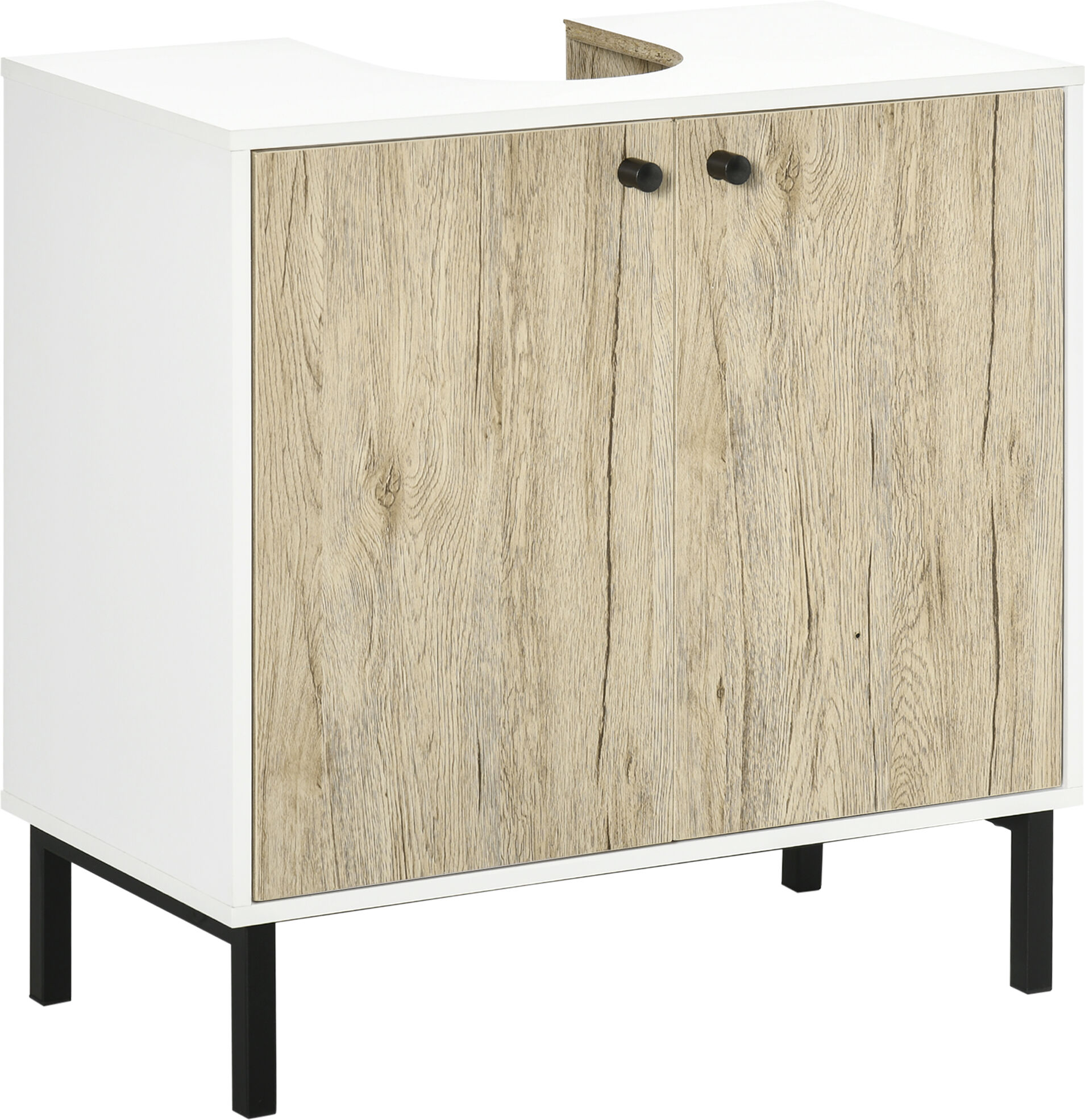 Kleankin Mobile Bagno Sotto Lavabo a 2 Ante con Ripiano Interno in Truciolato e Acciaio, 60x30x60 cm, Bianco e Rovere