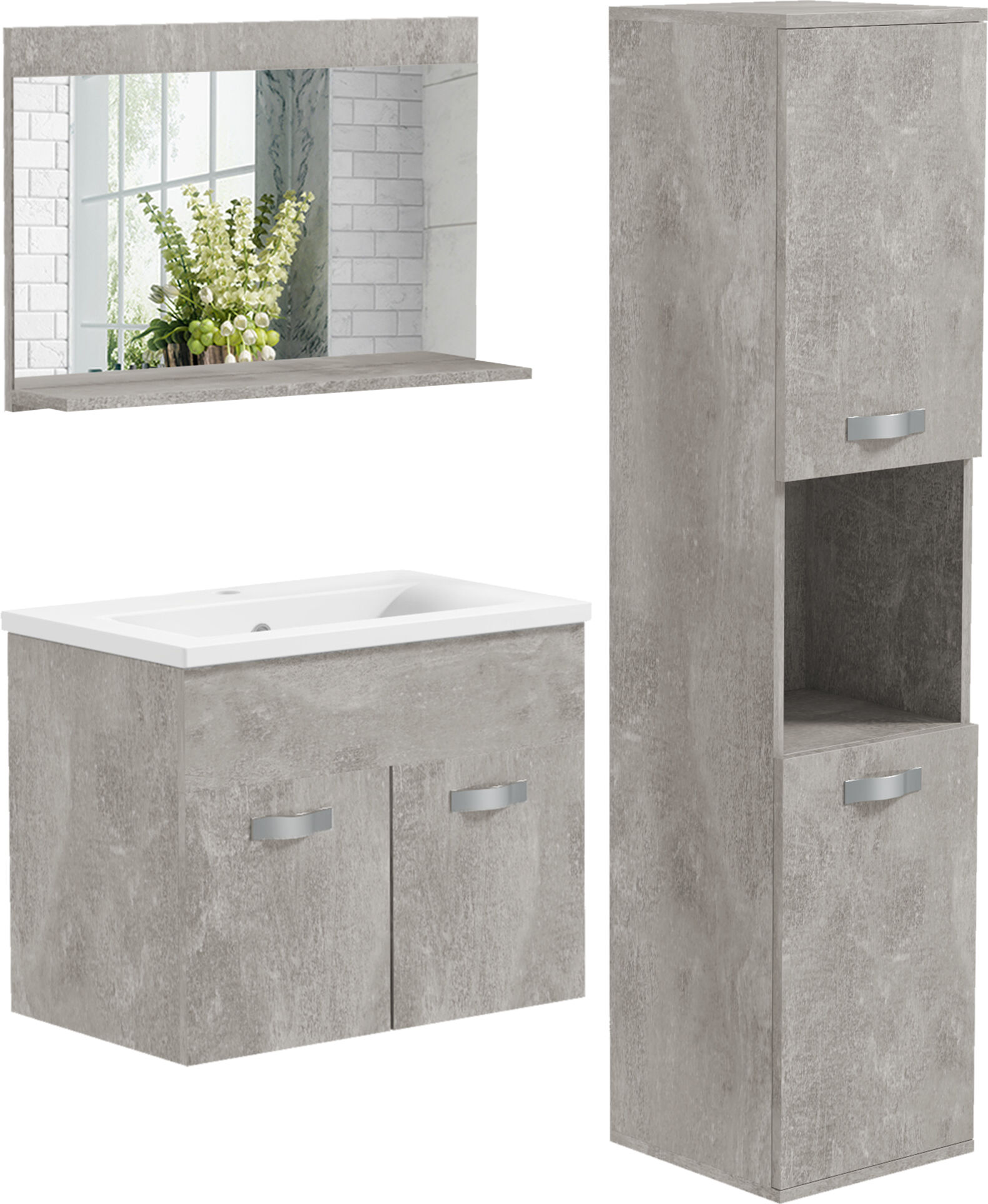 Kleankin Set Mobili Bagno con Mobile Lavabo 60cm e Lavandino in Ceramica, Colonna Bagno e Specchiera, Grigio