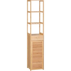 Kleankin Mobile Colonna Bagno con Armadietto, Cassetto e 3 Ripiani Aperti, in Bambù, 32x30x163 cm, Color Legno Aosom