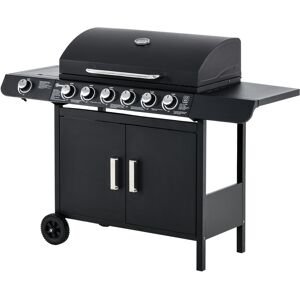 Outsunny Barbecue a Gas con Coperchio, 7 Bruciatori da 20kW, Fornello Laterale e 2 Ruote, 135x50x100cm Nero