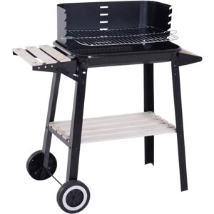 Outsunny Griglia a Carbone Barbecue BBQ Carrello Grill per Picnic con Ruote da Balcone Giardino in Ferro e Legno 83 × 45 × 87 cm Nero