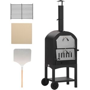 Outsunny Forno per Pizza e Barbecue a Carbone Portatile in Acciaio con Camino e Ruote, Nero