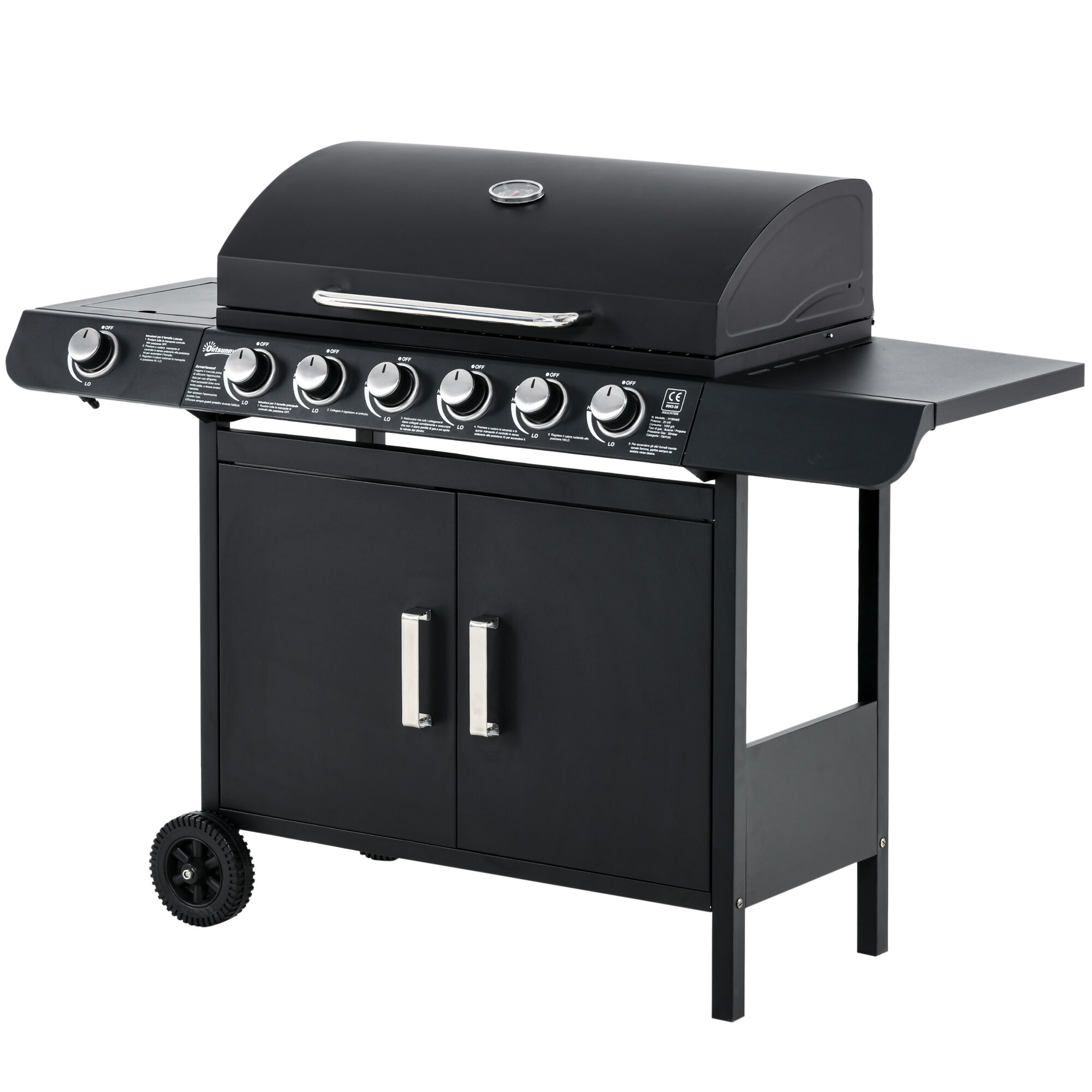 Outsunny Barbecue a Gas con Coperchio, 7 Bruciatori da 20kW, Fornello Laterale e 2 Ruote, 135x50x100cm Nero