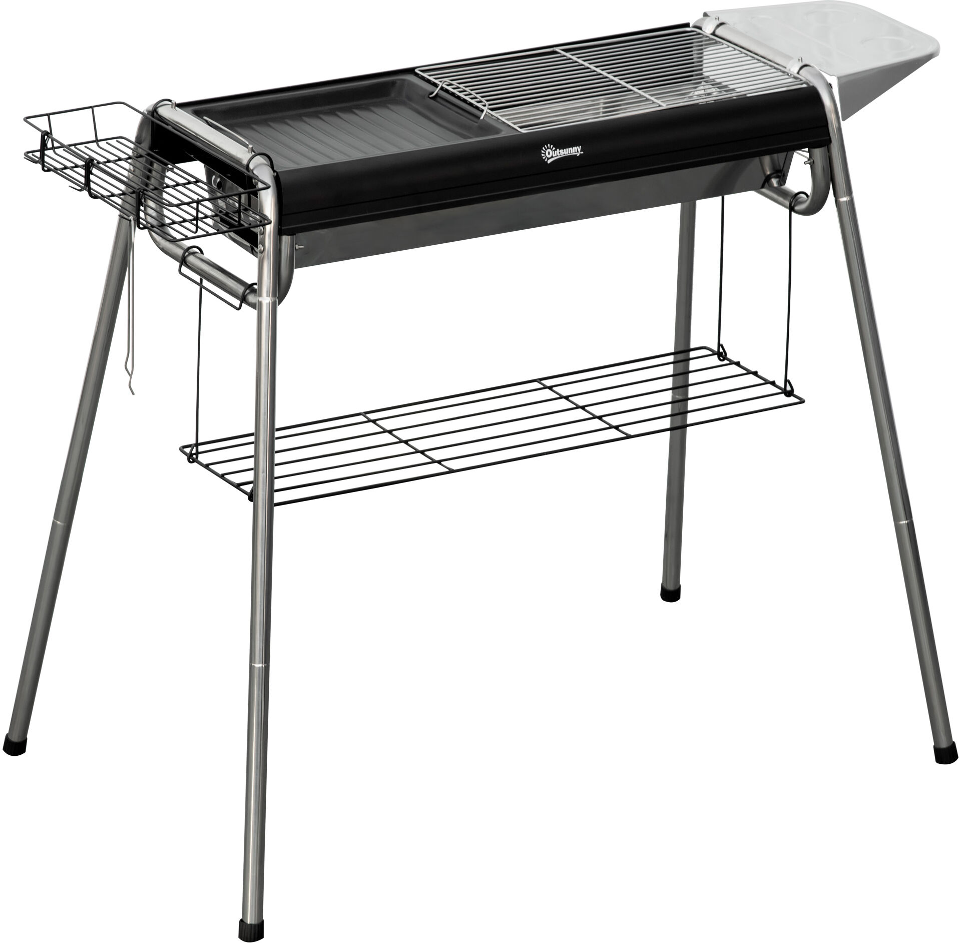 Outsunny Barbecue a Carbonella con Griglia e Piastra di Cottura, Cestino e Ripiani, 96x61x72cm, Nero